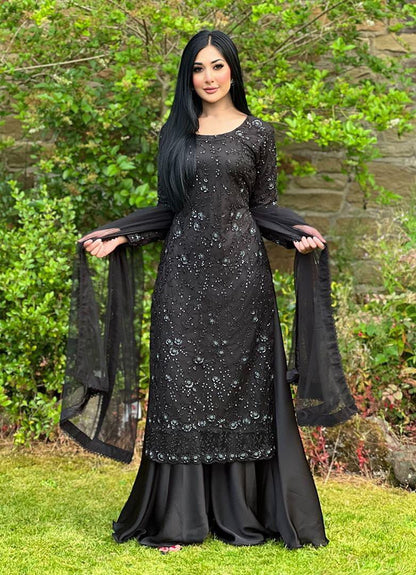 Regal Black Embroided Long Shirt Plazo